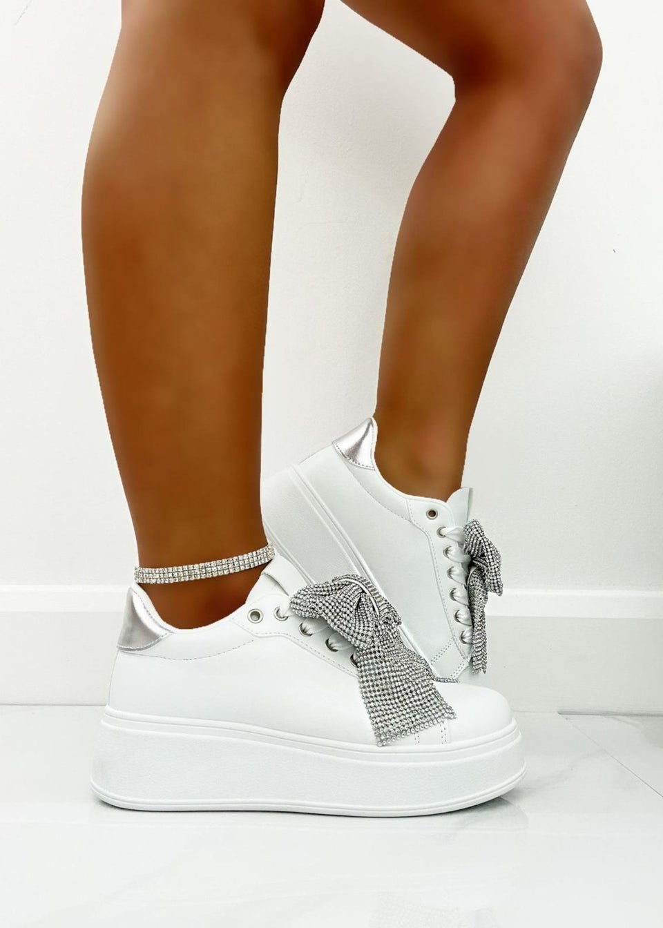 Love Lemonade Silver Crystal Sparkly Bow Trainers Limited Edition