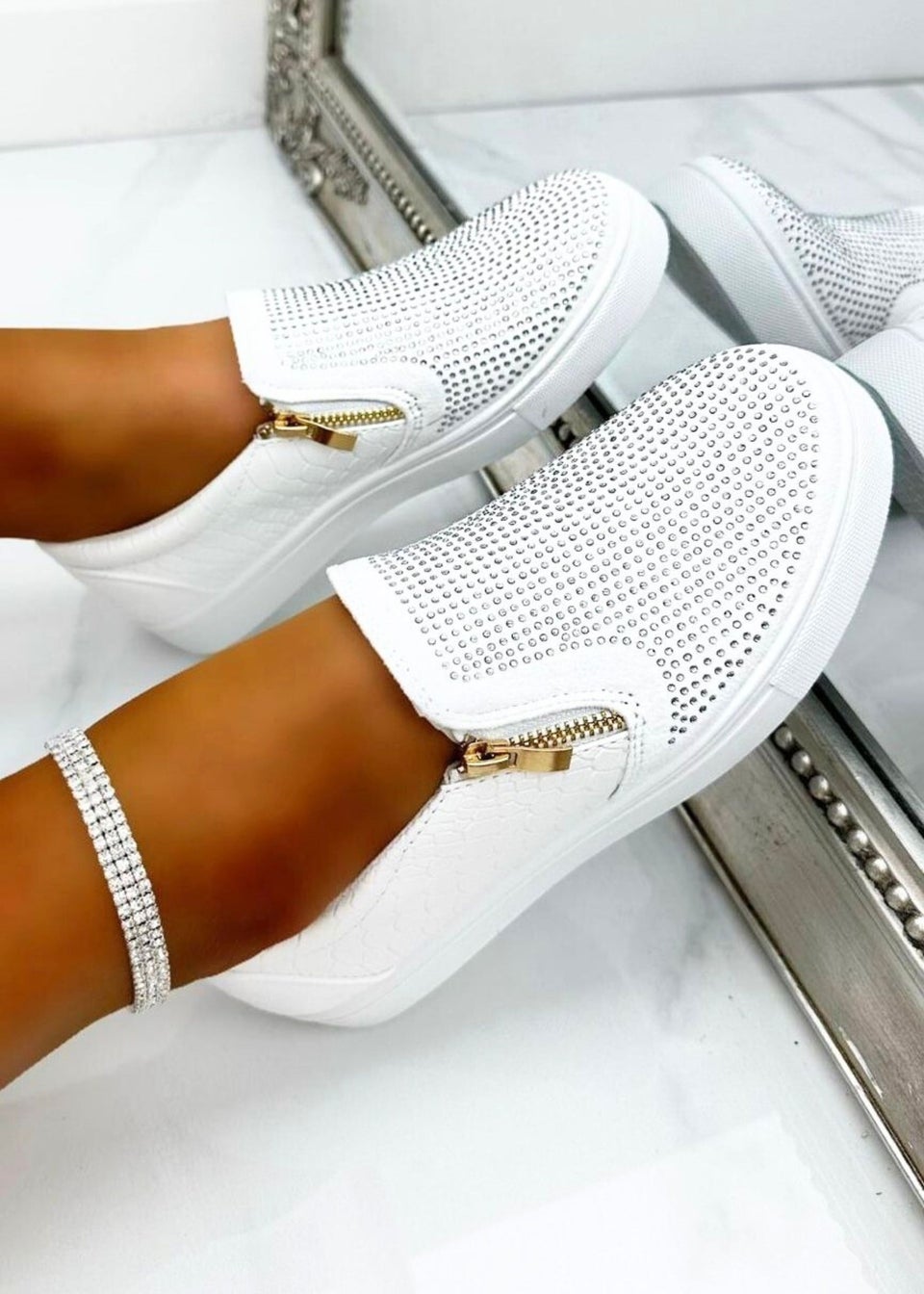 Love Lemonade White Crystal Suede Zip Pumps Trainers