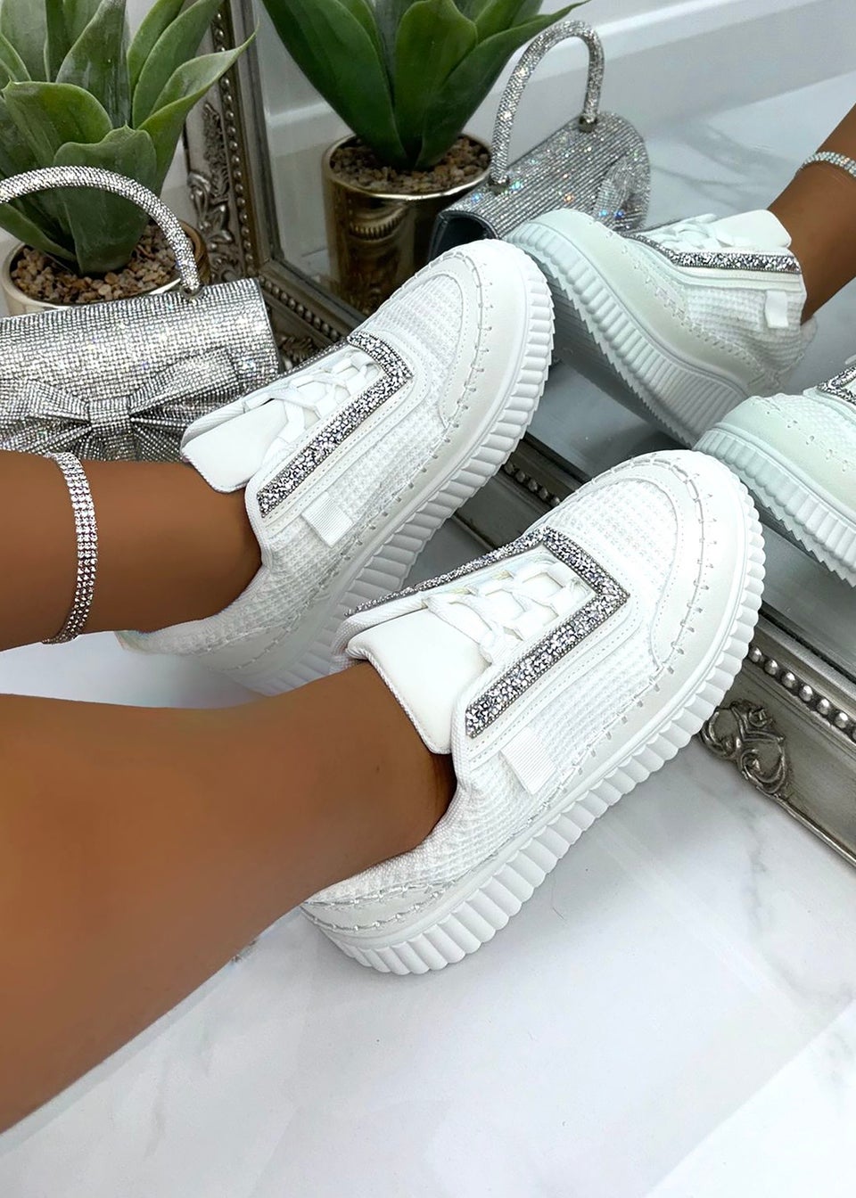 Love Lemonade White Sparkly Khloe Woven Platform Trainers