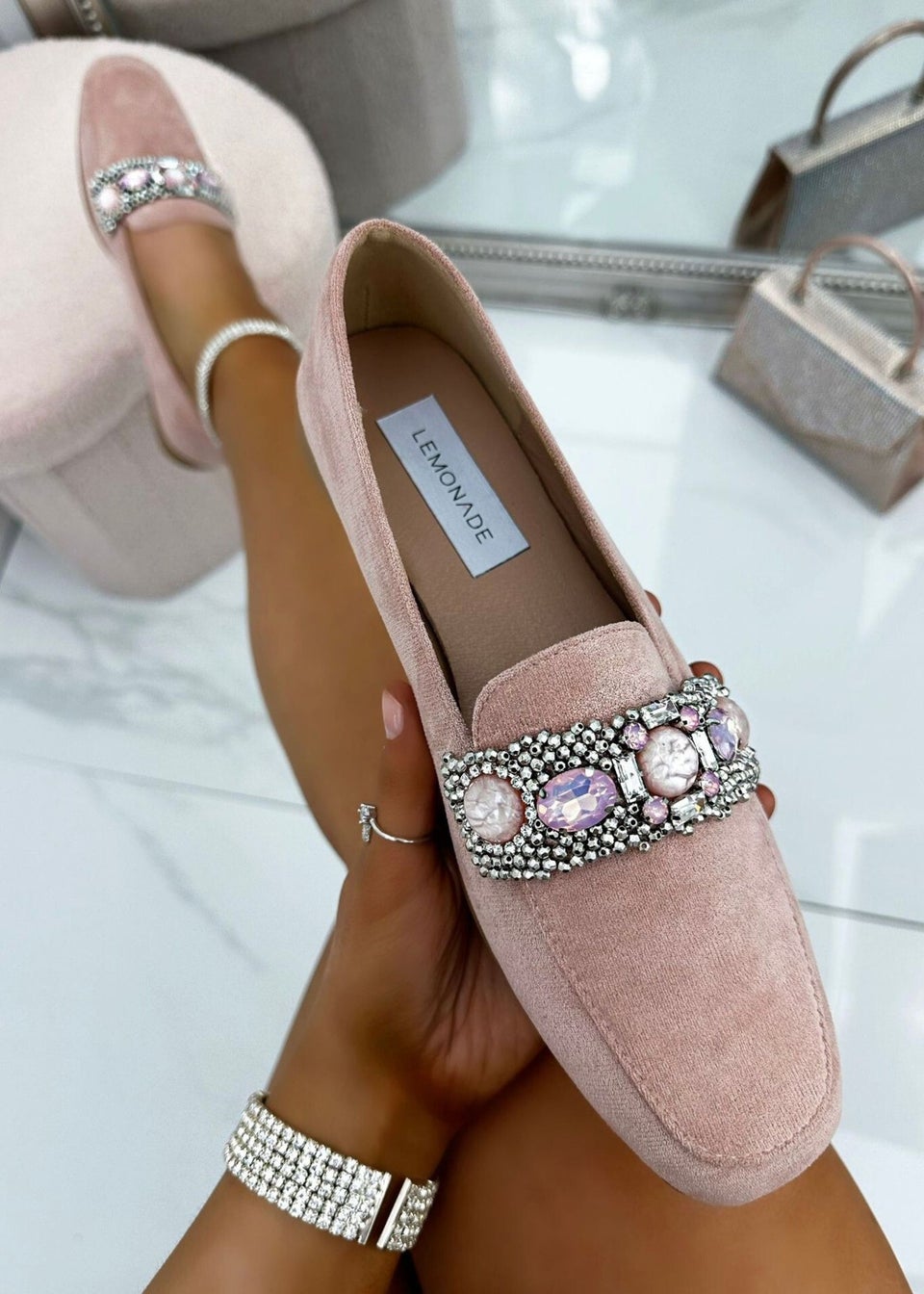 Love Lemonade Pink Suede Sparkly Gemstone Loafers Matalan