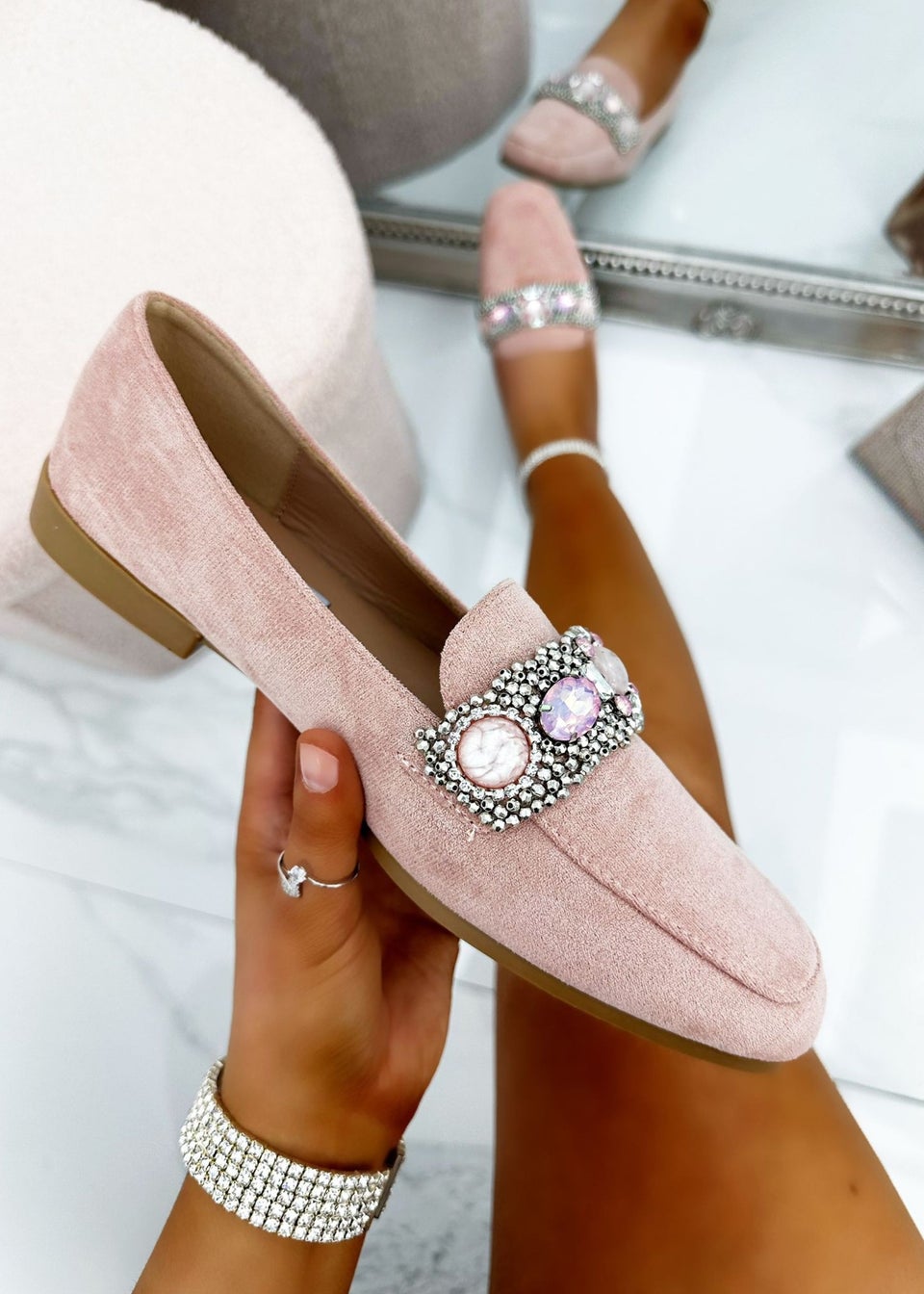 Love Lemonade Pink Suede Sparkly Gemstone Loafers Matalan