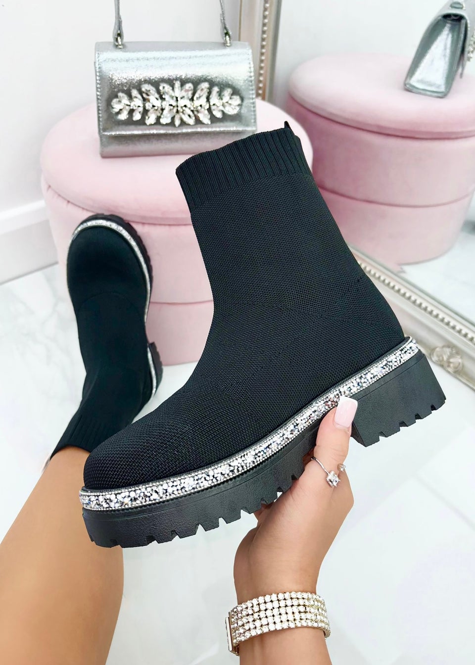 Love Lemonade Black Sparkly Stretch Chunky Sock Boots Matalan