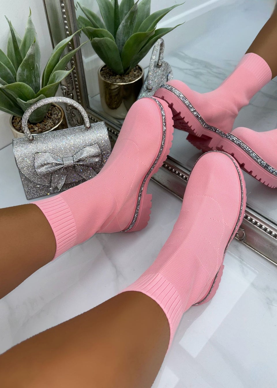Love Lemonade Blush Pink Sparkly Stretch Chunky Sock Boots Matalan