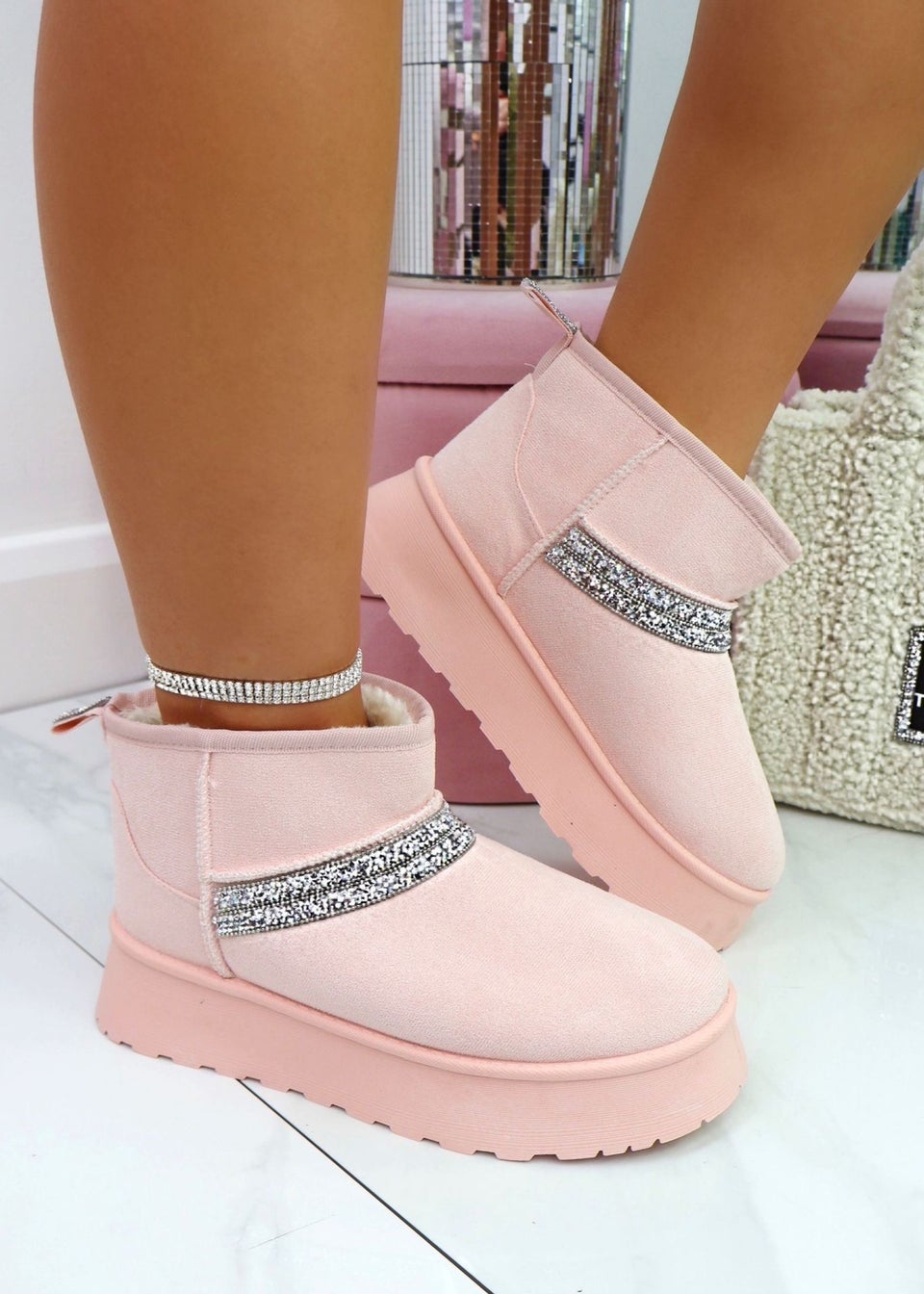 Love Lemonade Pale Pink Sparkly Strap Platform Snugg Boots