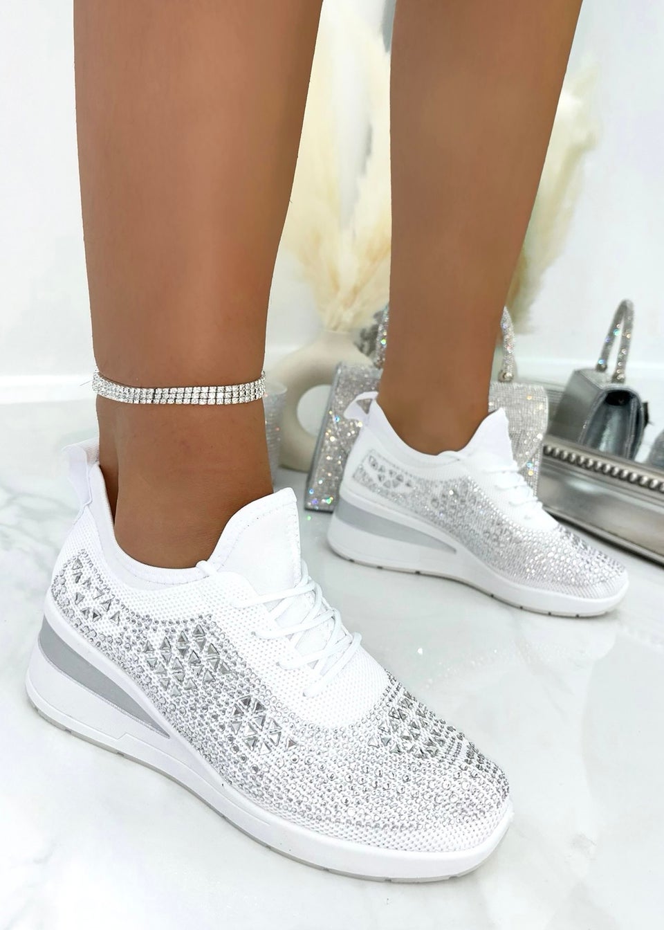Love Lemonade White Crystal Stretch Comfort Wedge Trainers Matalan