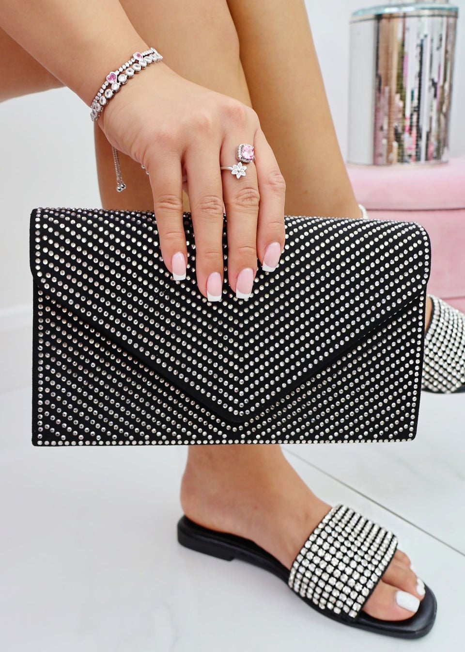 Love Lemonade Black Crystal Glam Envelope Clutch Bag