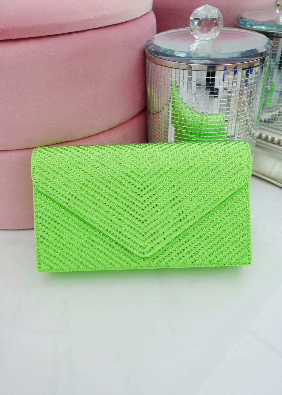 Love Lemonade Lime Green Crystal Glam Envelope Clutch Bag Matalan