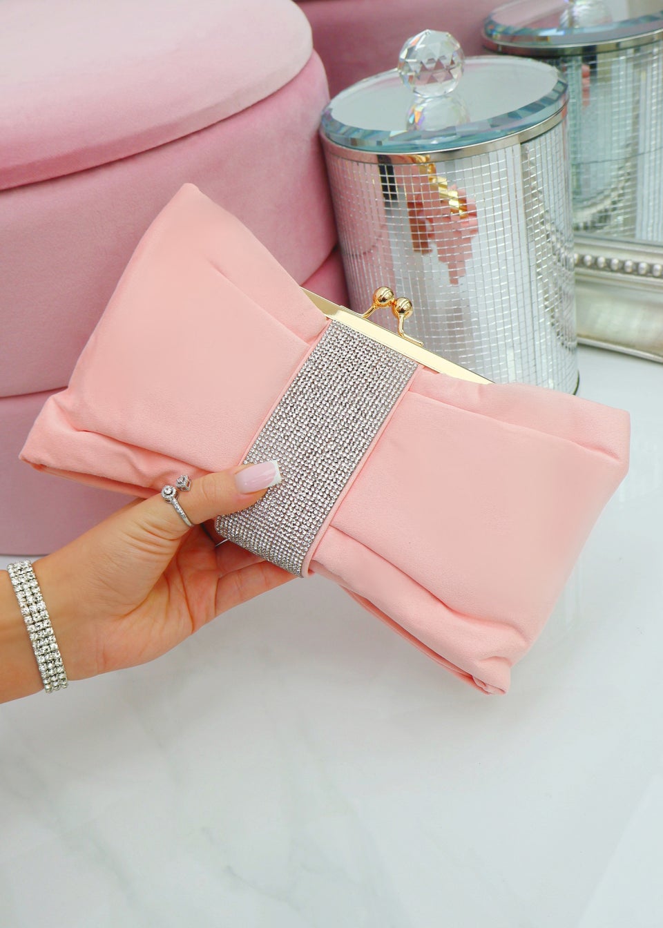 Love Lemonade Pale Pink Crystal Detail Suede Bow Clutch Bag Matalan