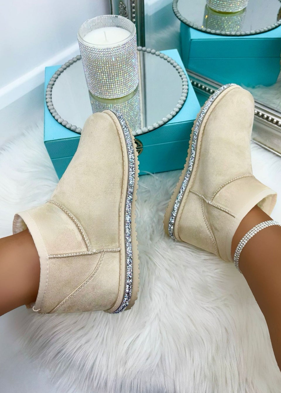 Love Lemonade Beige Sparkly Ultra Mini Snugg Style Boots Matalan