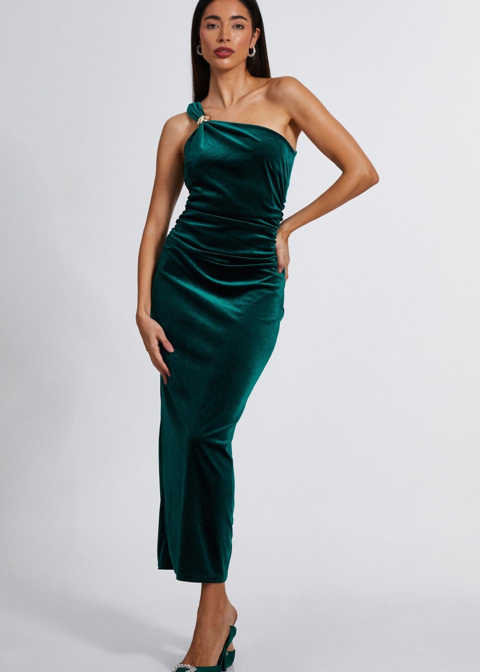 Quiz Green Velvet One Shoulder Midaxi Dress Matalan