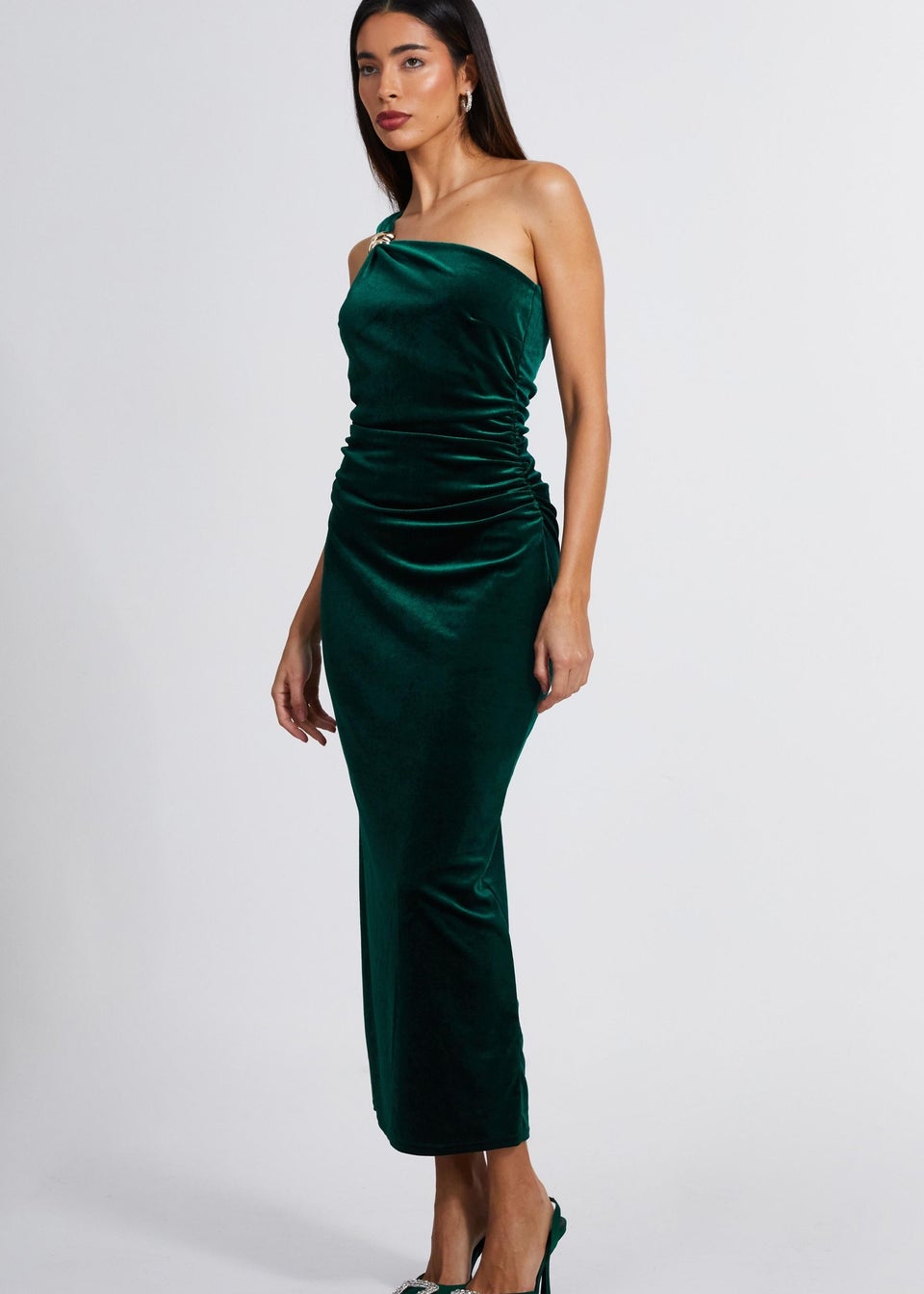 Quiz Green Velvet One Shoulder Midaxi Dress