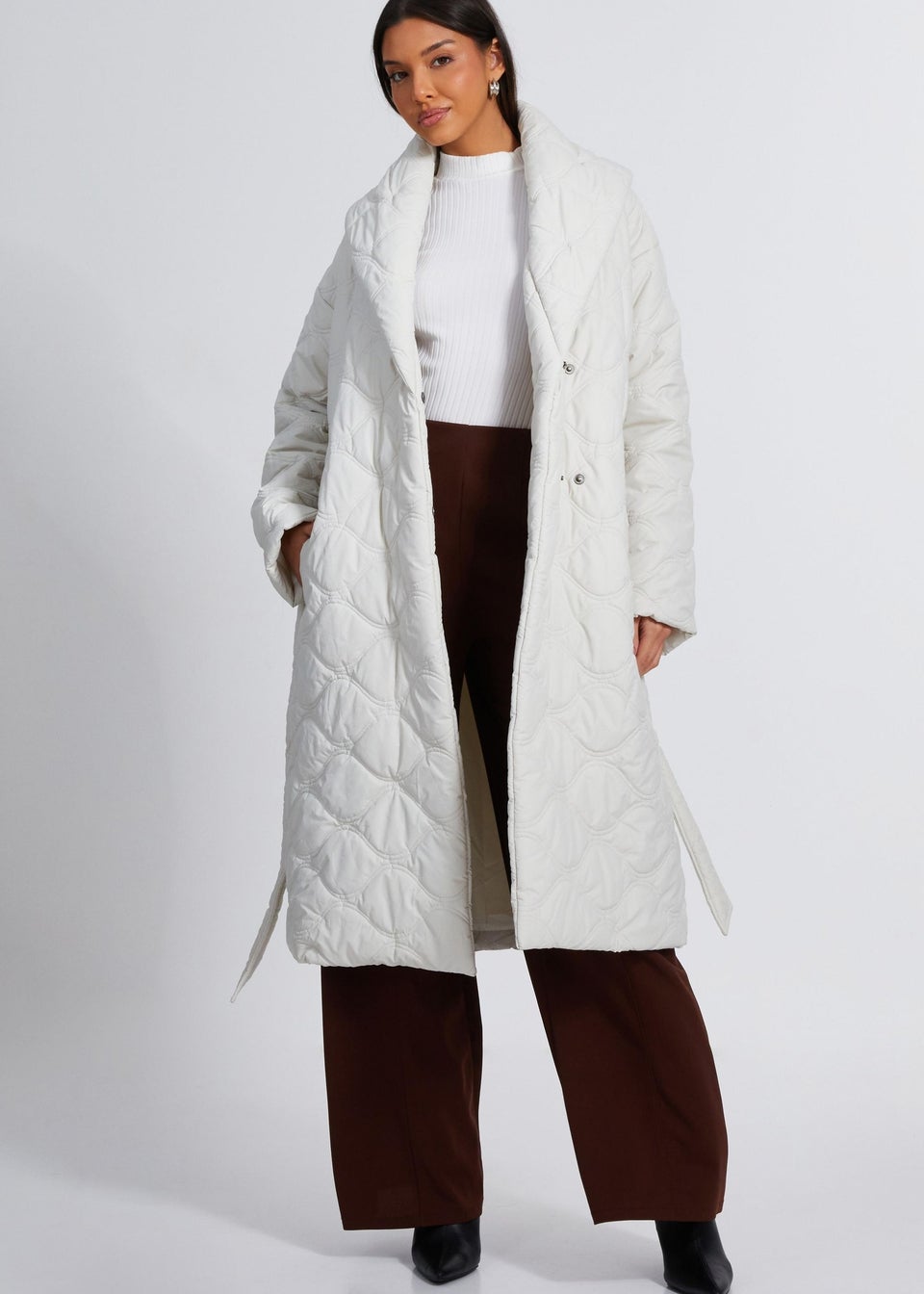 Quiz Cream Quilted Long Line Coat