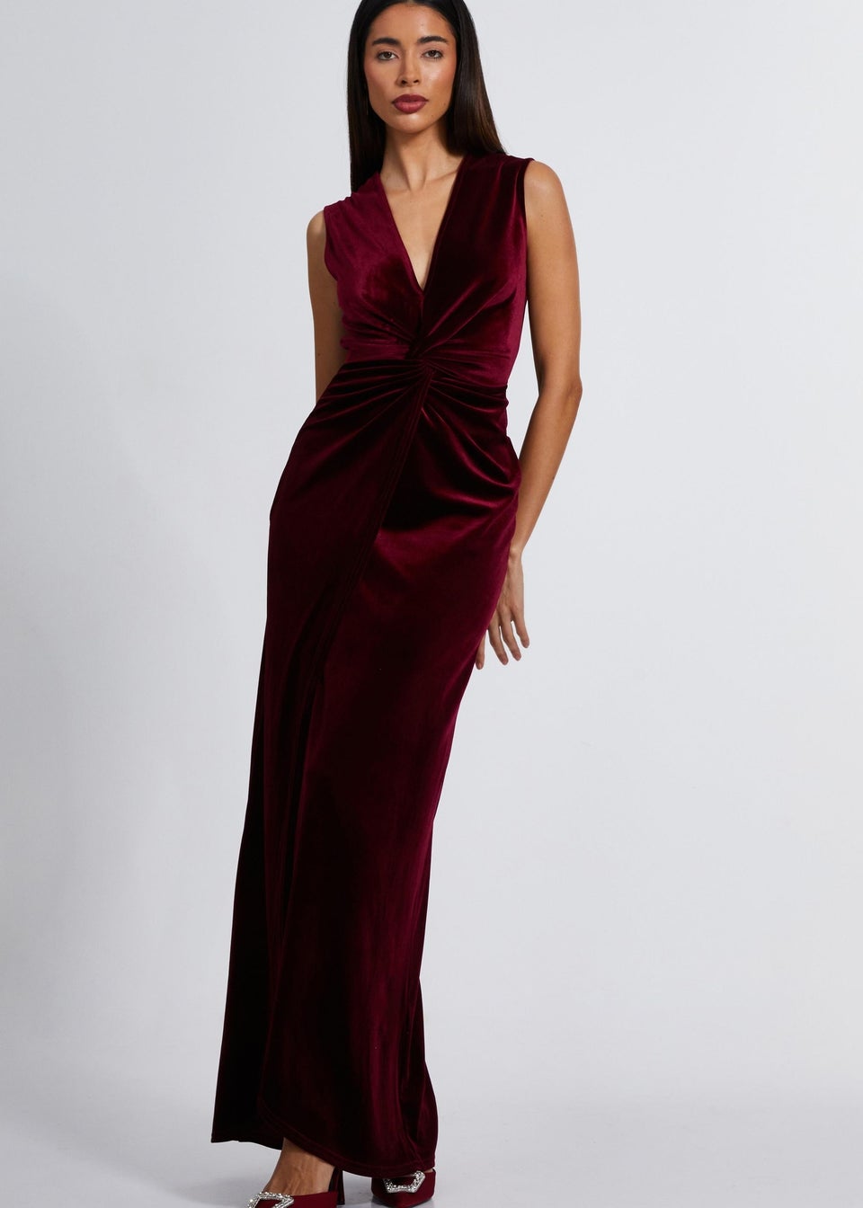 Quiz Red Velvet Twist Front Maxi Dress Matalan