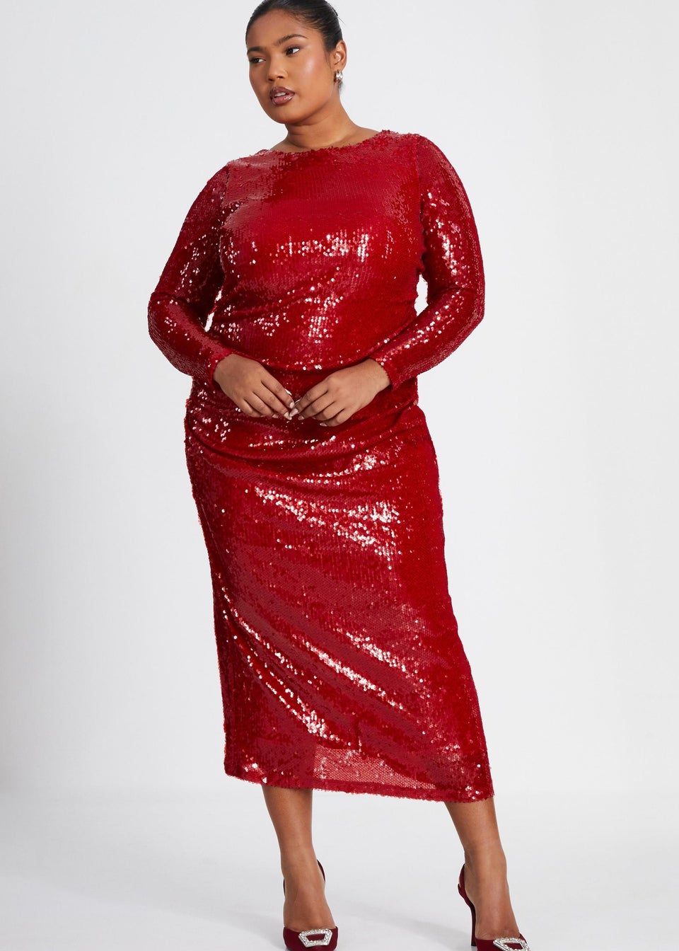 Quiz Red Curve Sequin Ruched Midaxi Dress