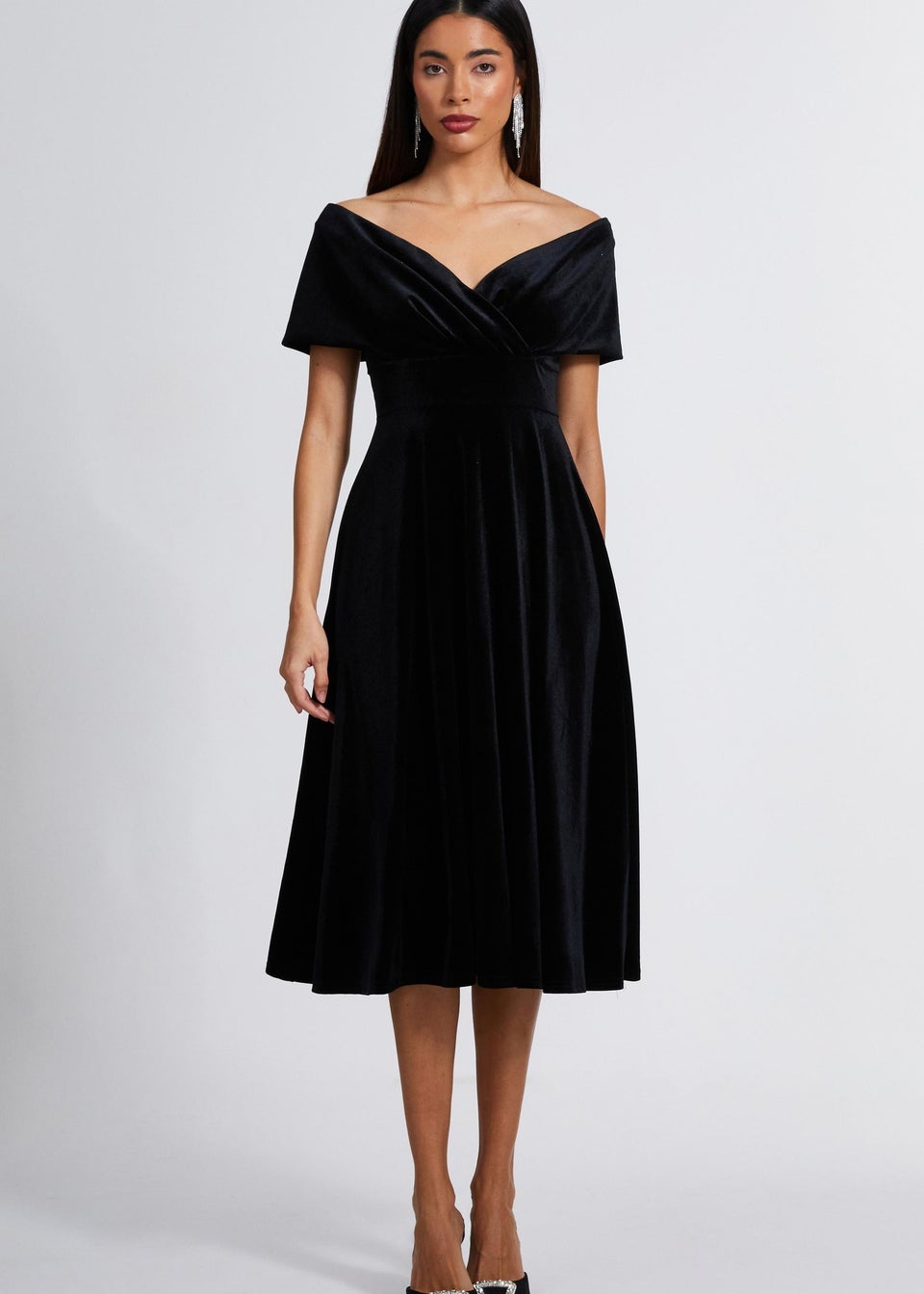 Quiz Black Velvet Bardot Midi Dress
