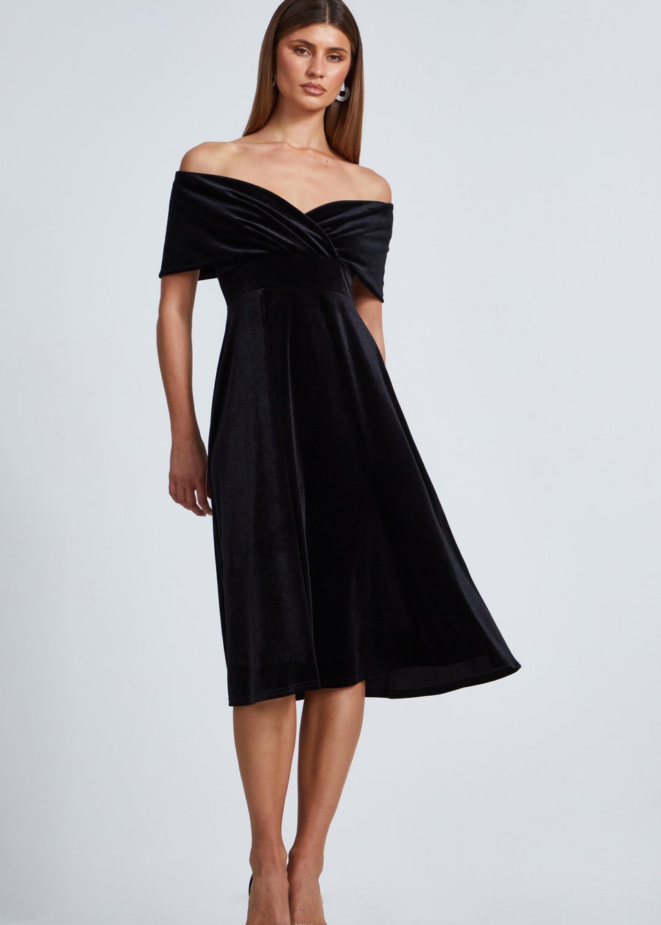 Quiz Black Velvet Bardot Midi Dress