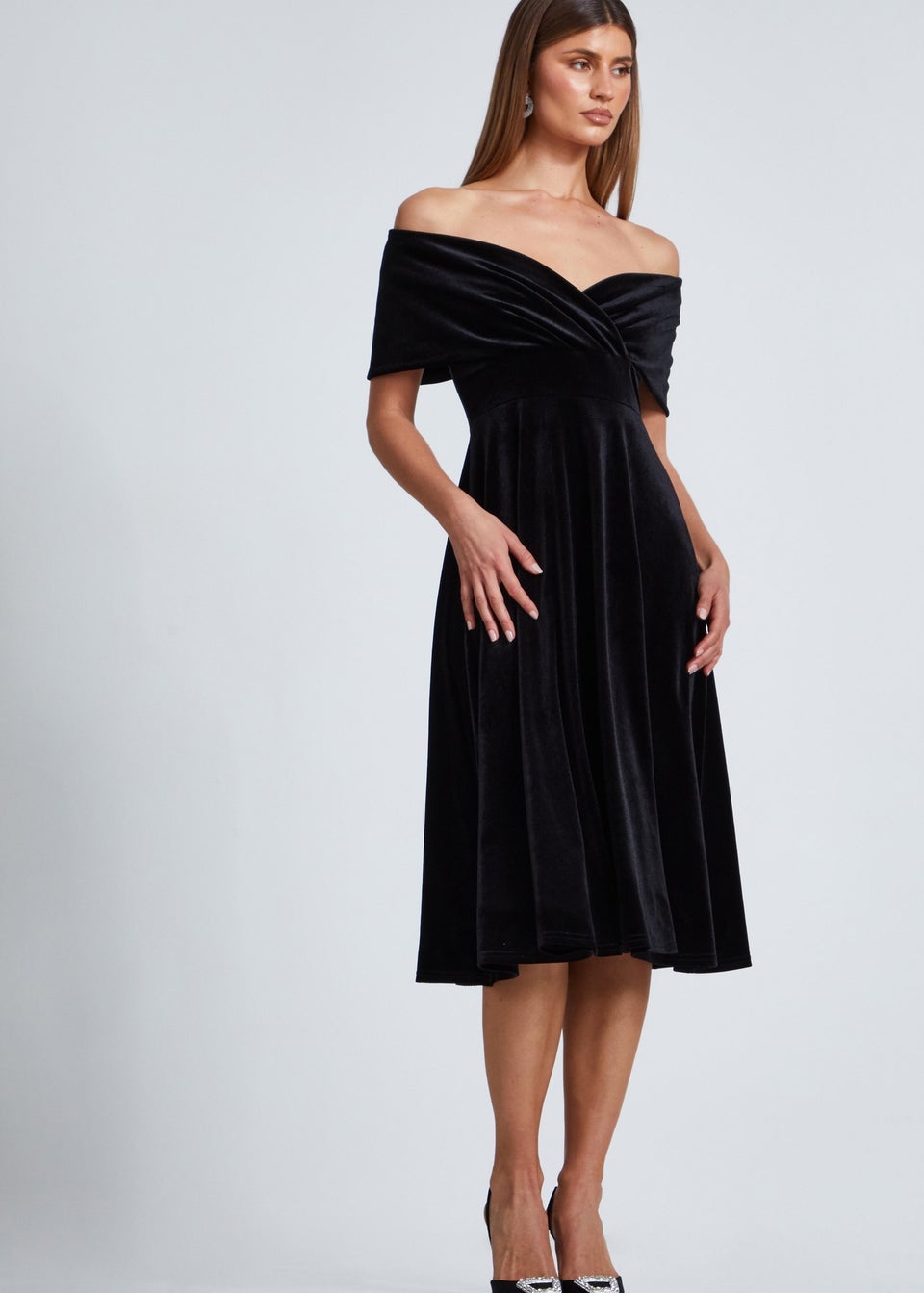 Quiz Black Velvet Bardot Midi Dress