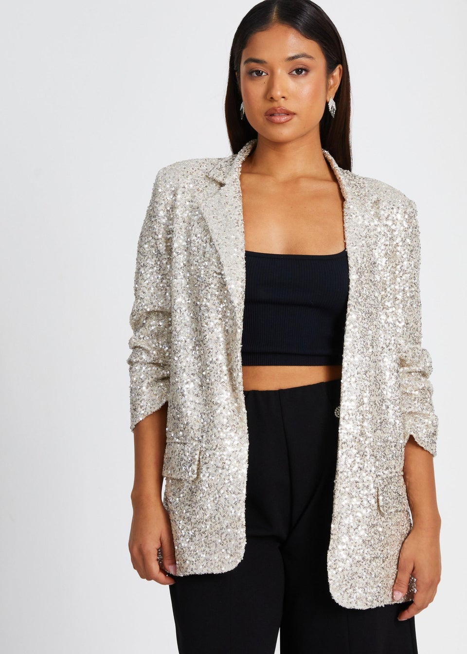Quiz Champagne Petite Sequin Ruched Blazer