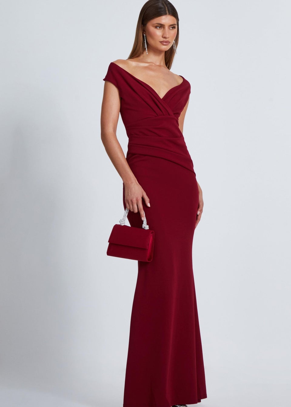 Quiz Burgundy Bardot Pleated Maxi Dress