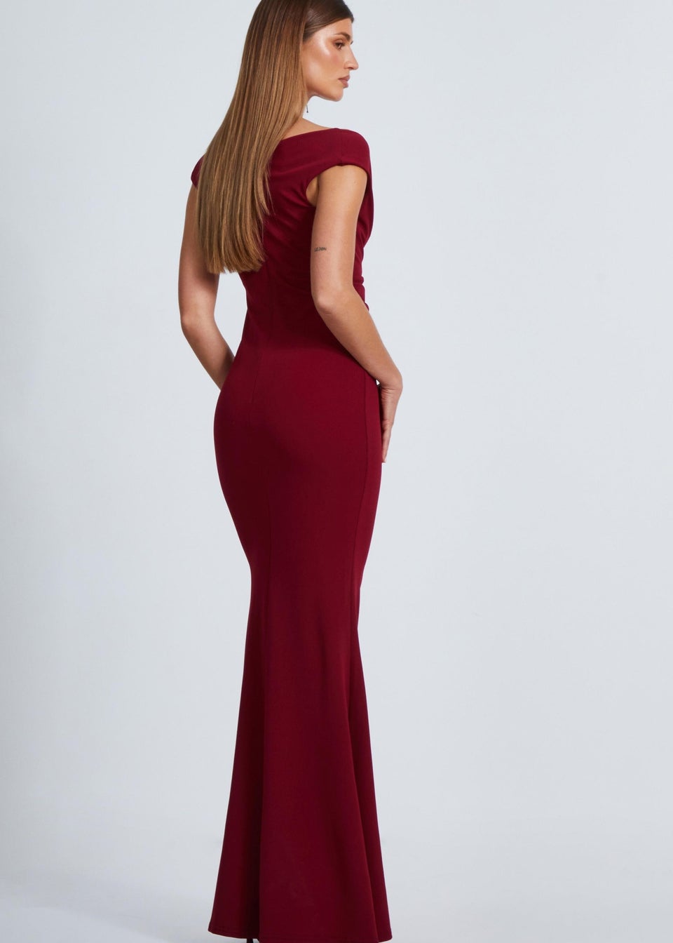 Quiz Burgundy Bardot Pleated Maxi Dress Matalan