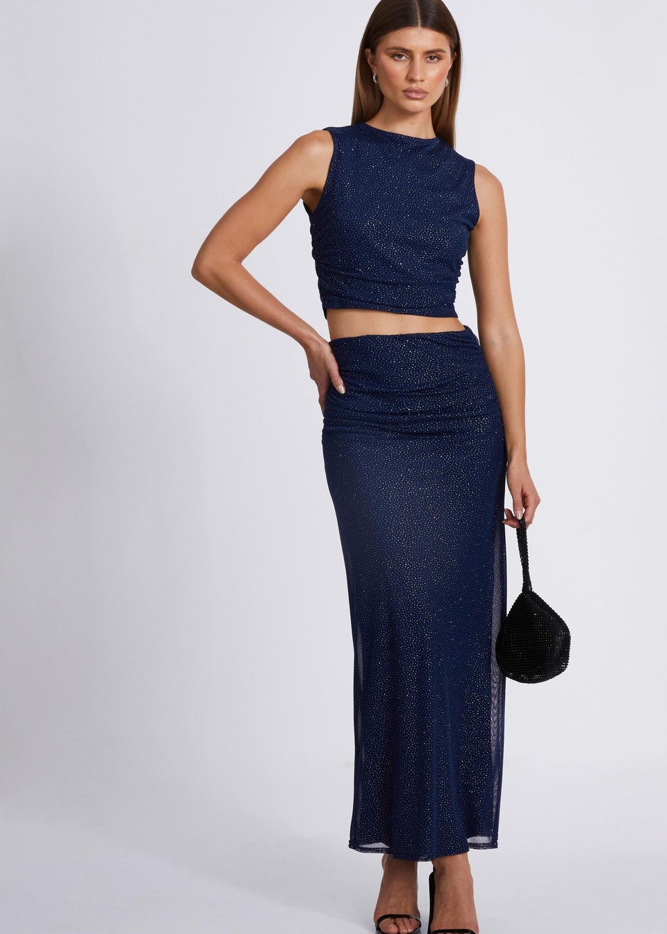 Quiz Navy Glitter Mesh Midaxi Skirt