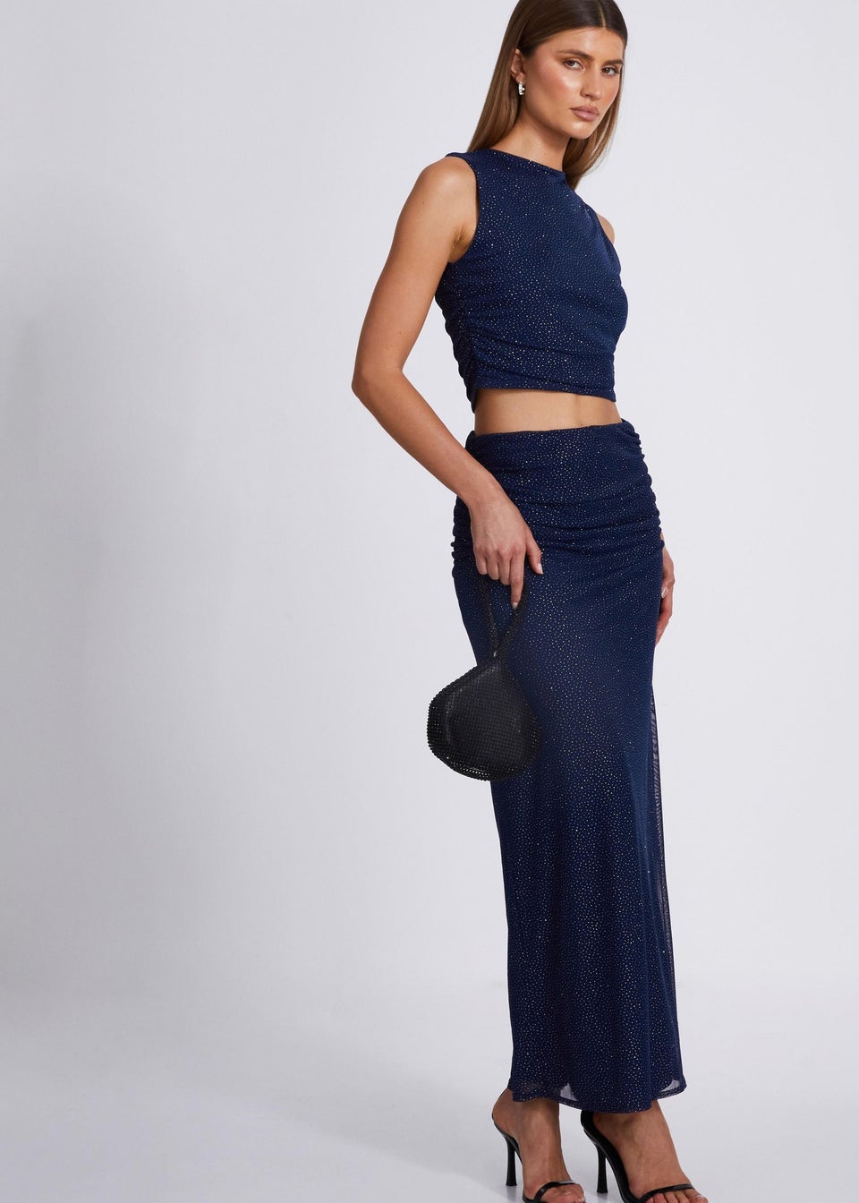 Quiz Navy Glitter Mesh Midaxi Skirt