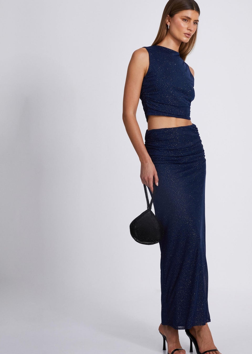 Quiz Navy Glitter Mesh Crop Top