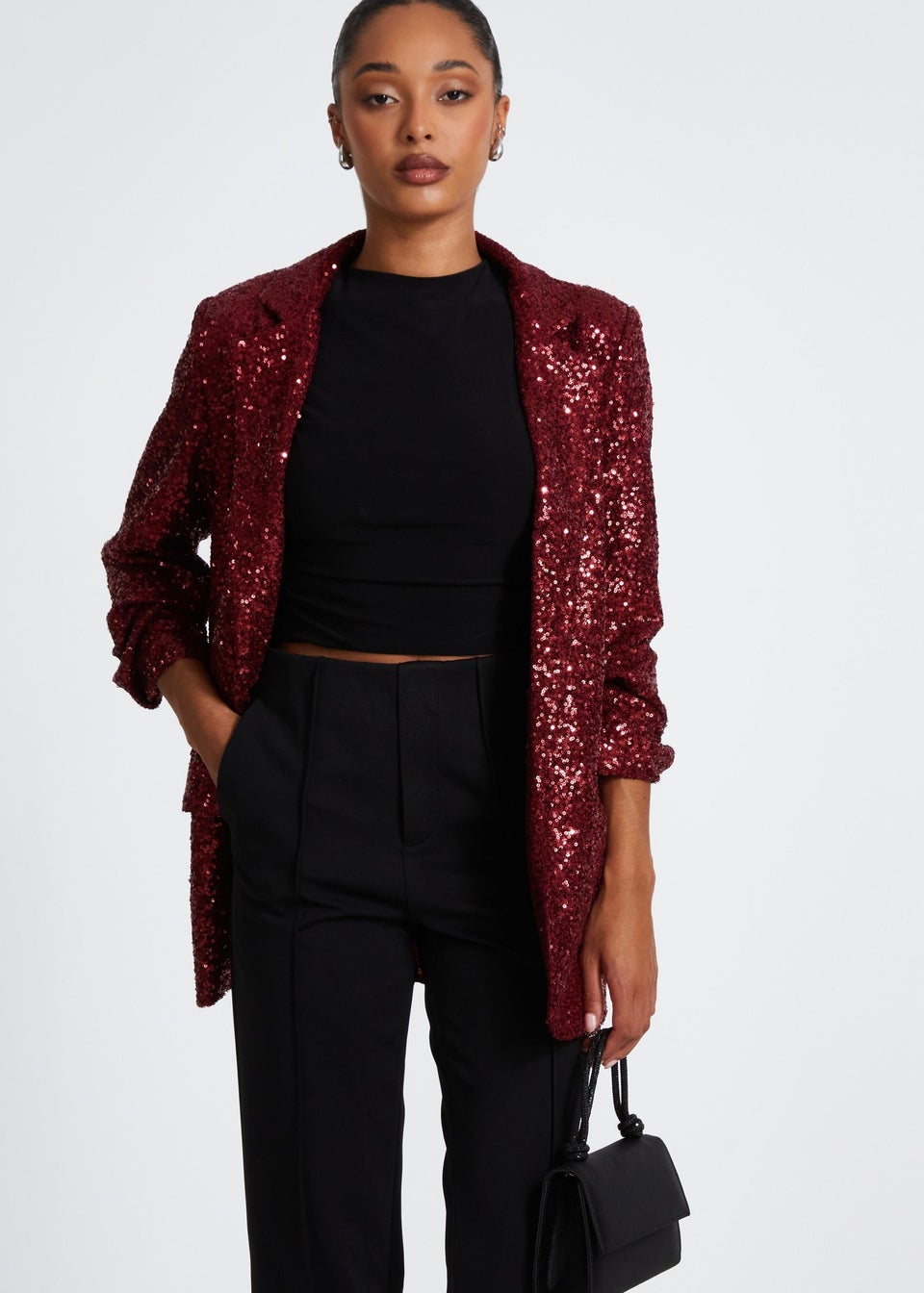 Quiz Burgundy Sequin Ruched Blazer Matalan
