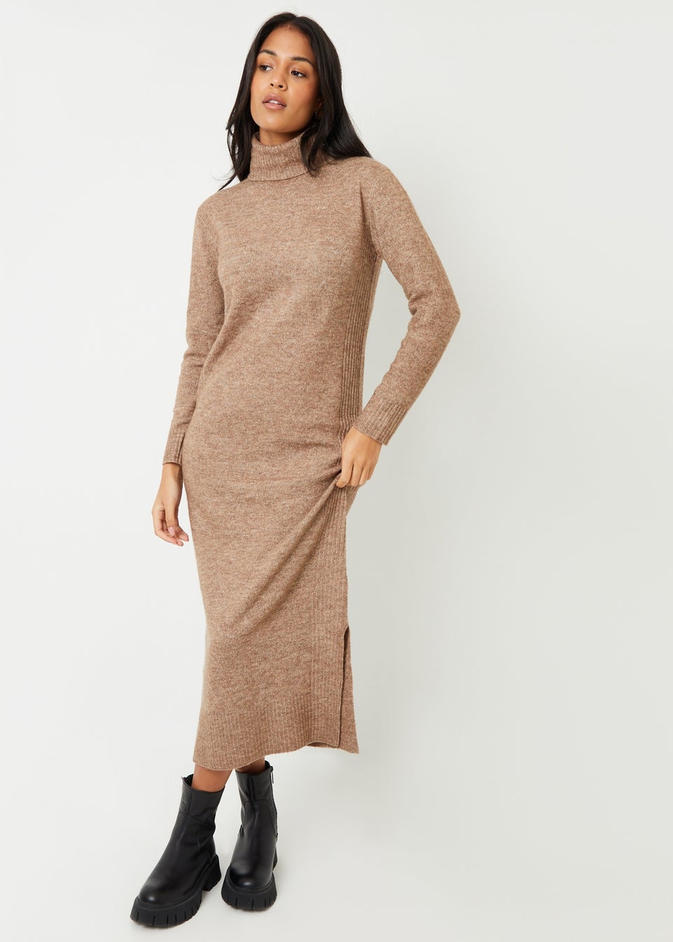 Threadbare Camel Cappucino Roll Neck Knitted Maxi Dress Matalan