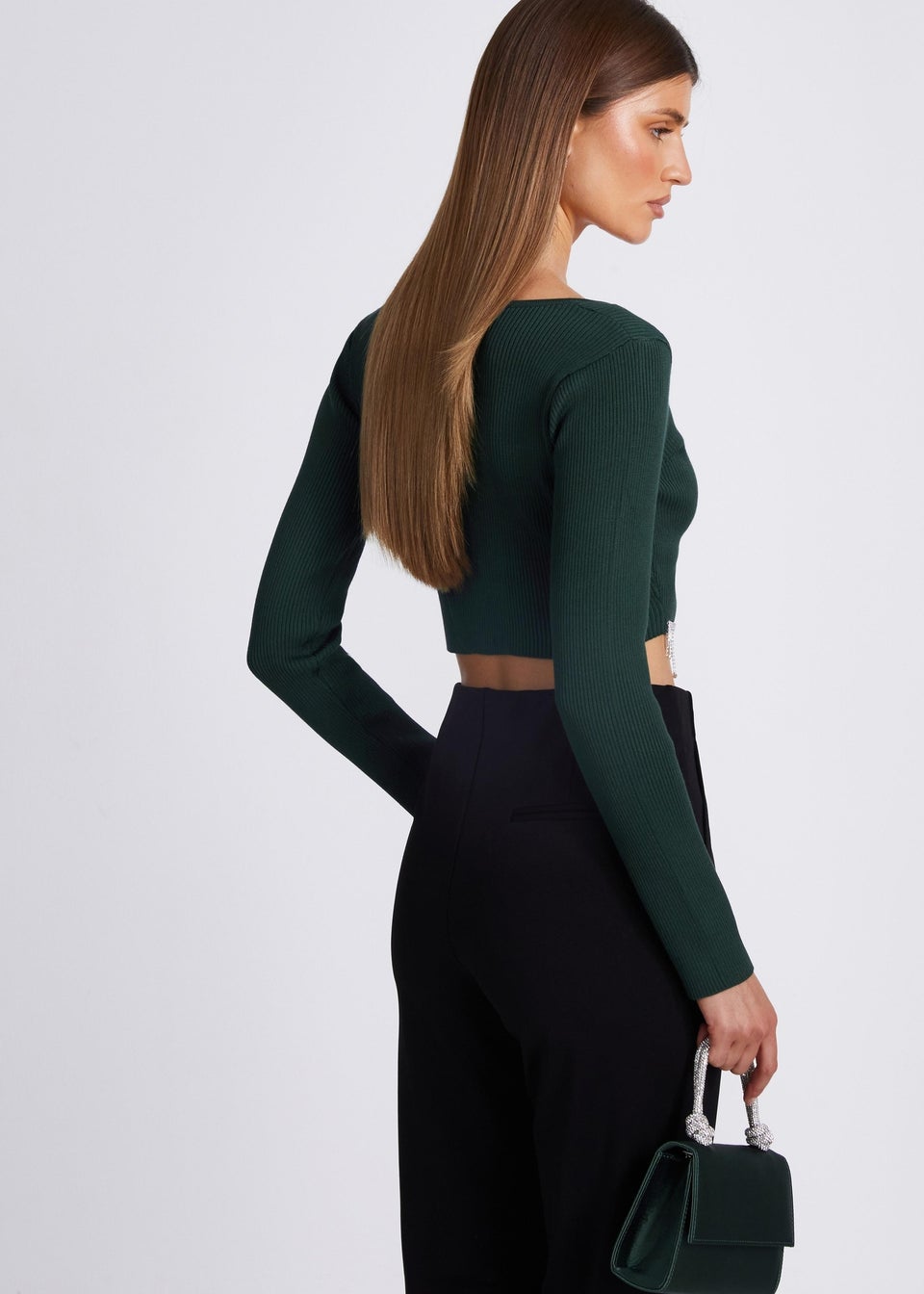 Quiz Green Knit Diamante Crop Top