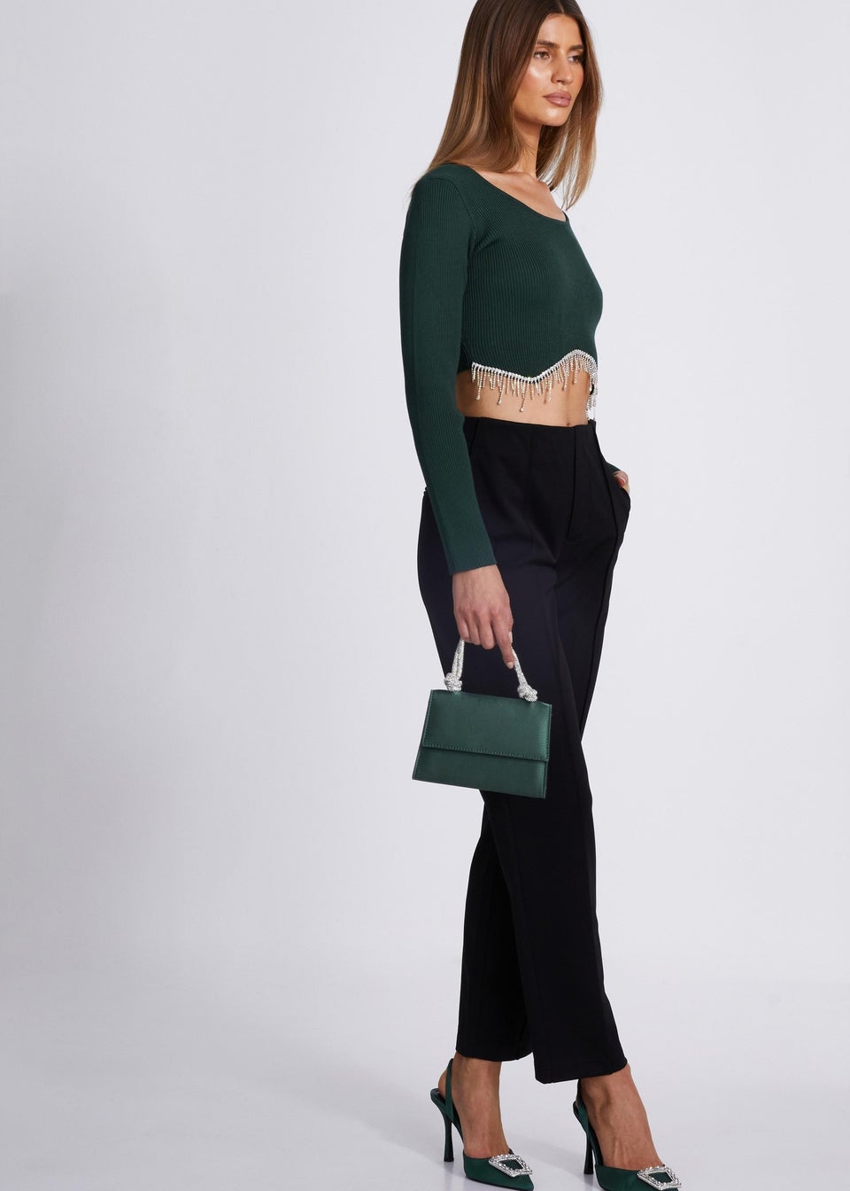 Quiz Green Knit Diamante Crop Top