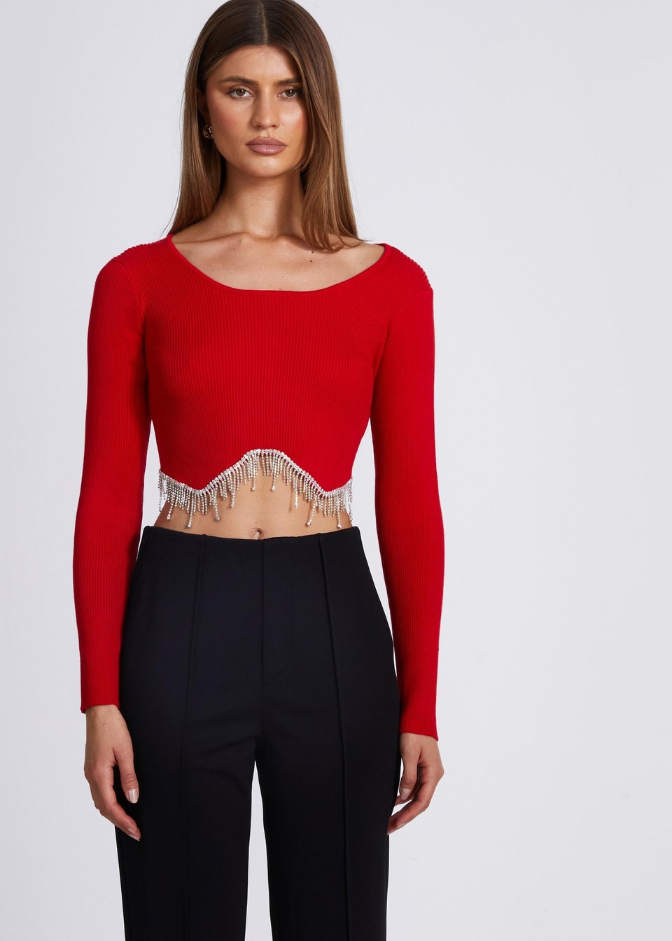 Quiz Red Knit Diamante Crop Top
