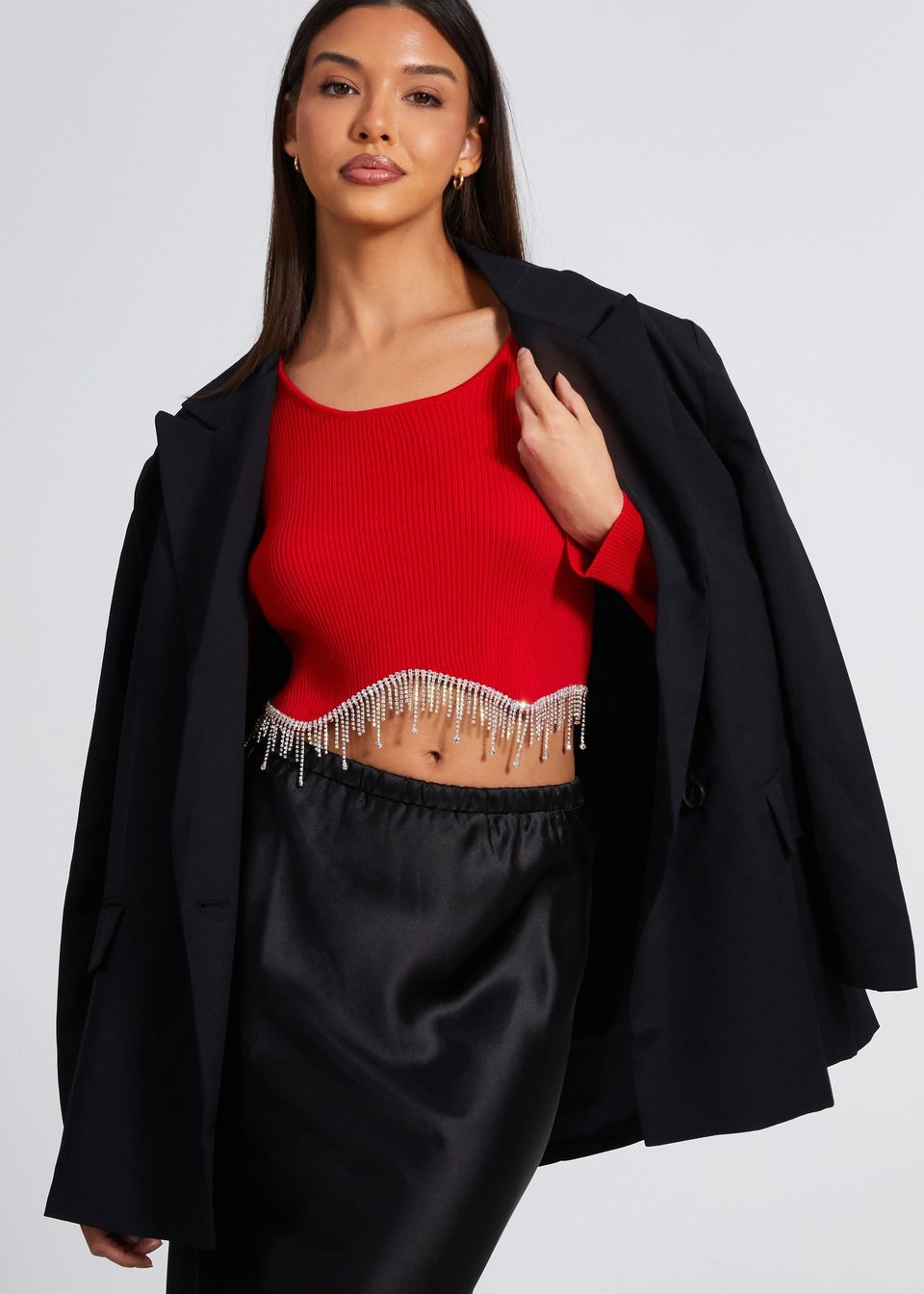 Quiz Red Knit Diamante Crop Top Matalan
