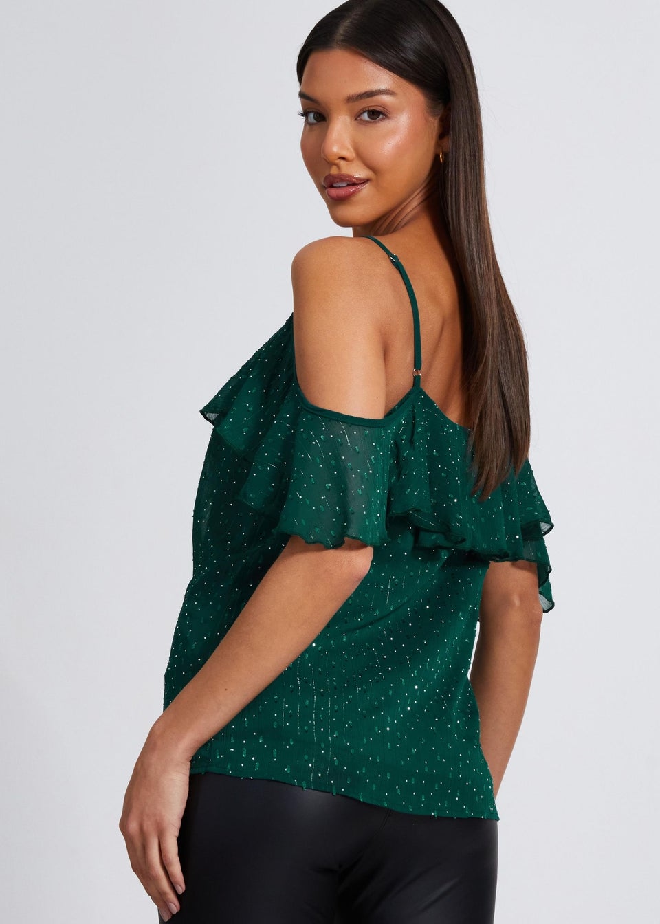 Quiz Green Chiffon Cold Shoulder Top
