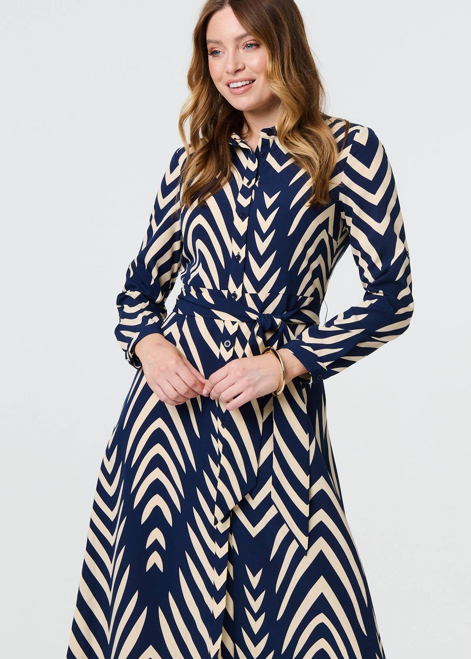 Izabel London Blue Chevron Print Tie Waist Shirt Midi Dress