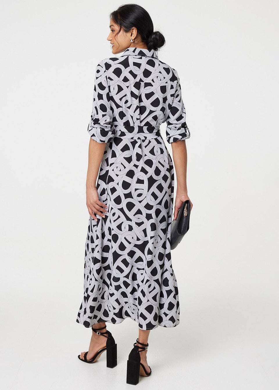 Izabel London Black/White Printed Long Sleeve Shirt Maxi Dress