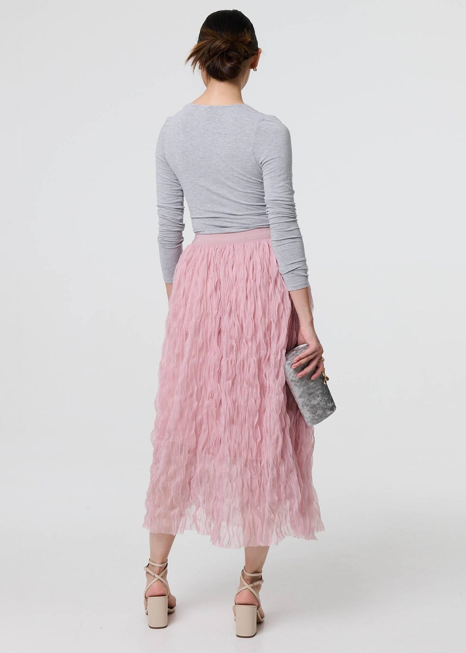 Izabel London Pink Ruffled High Waist Semi Sheer Midi Skirt