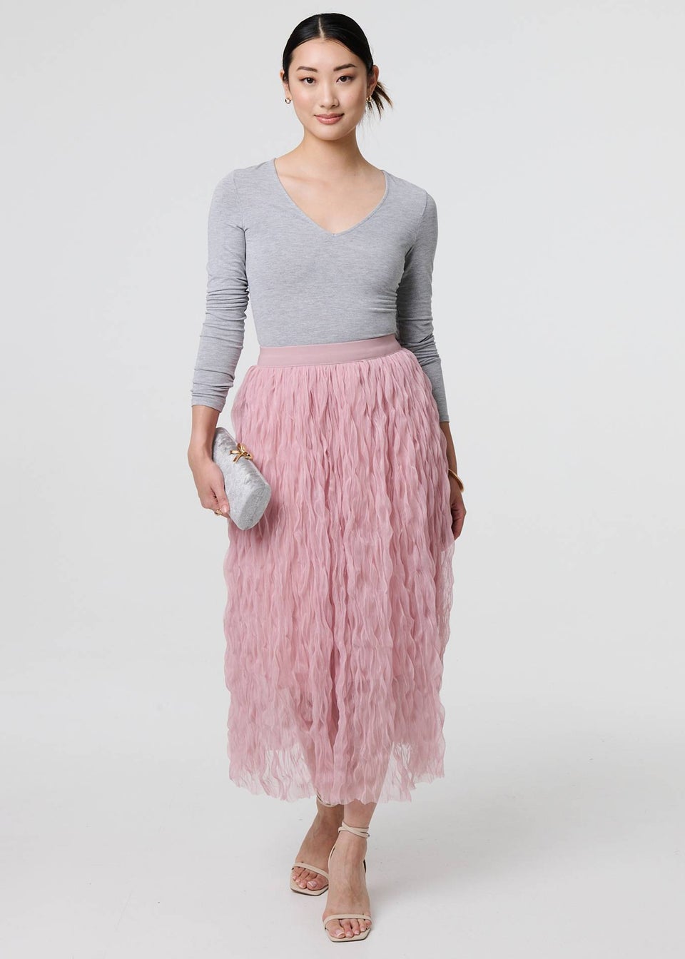 Izabel London Pink Ruffled High Waist Semi Sheer Midi Skirt