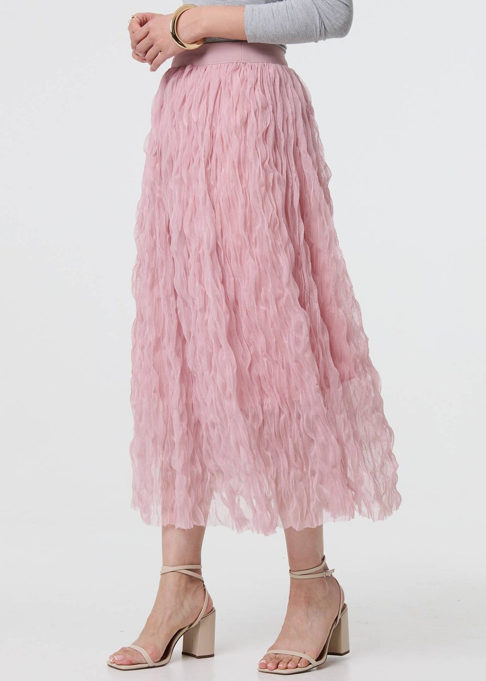 Izabel London Pink Ruffled High Waist Semi Sheer Midi Skirt