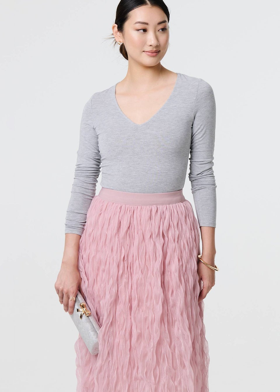 Izabel London Pink Ruffled High Waist Semi Sheer Midi Skirt