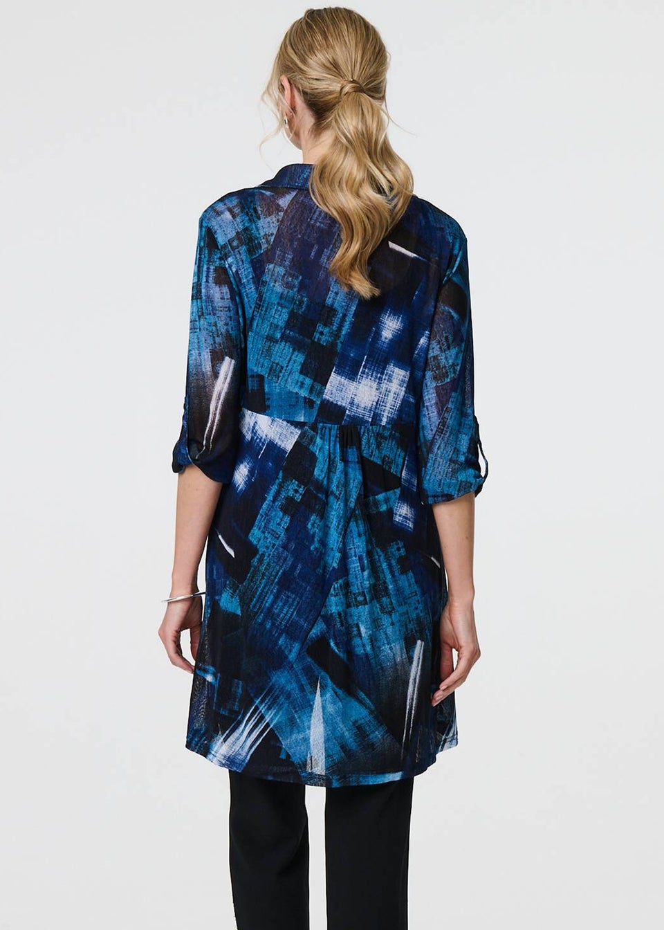 Izabel London Blue Abstract Sheer Curve Hem Longline Shirt