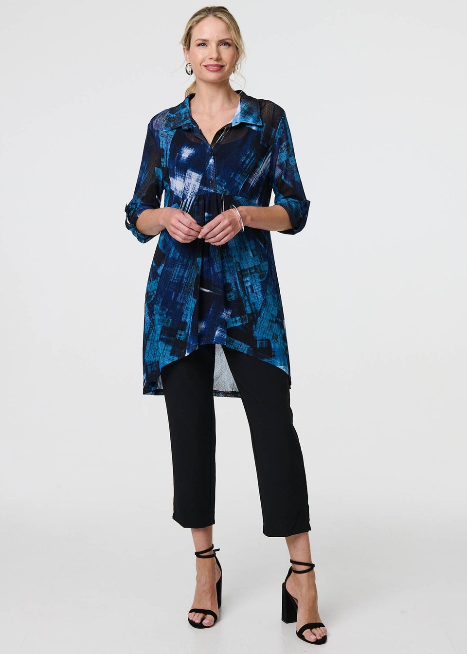 Izabel London Blue Abstract Sheer Curve Hem Longline Shirt