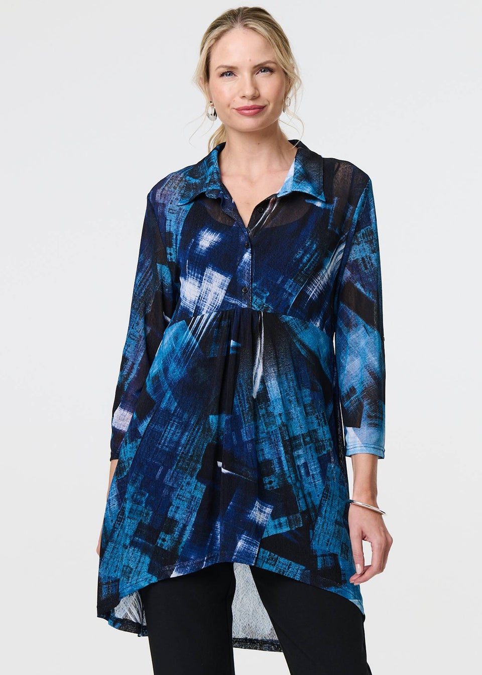 Izabel London Blue Abstract Sheer Curve Hem Longline Shirt