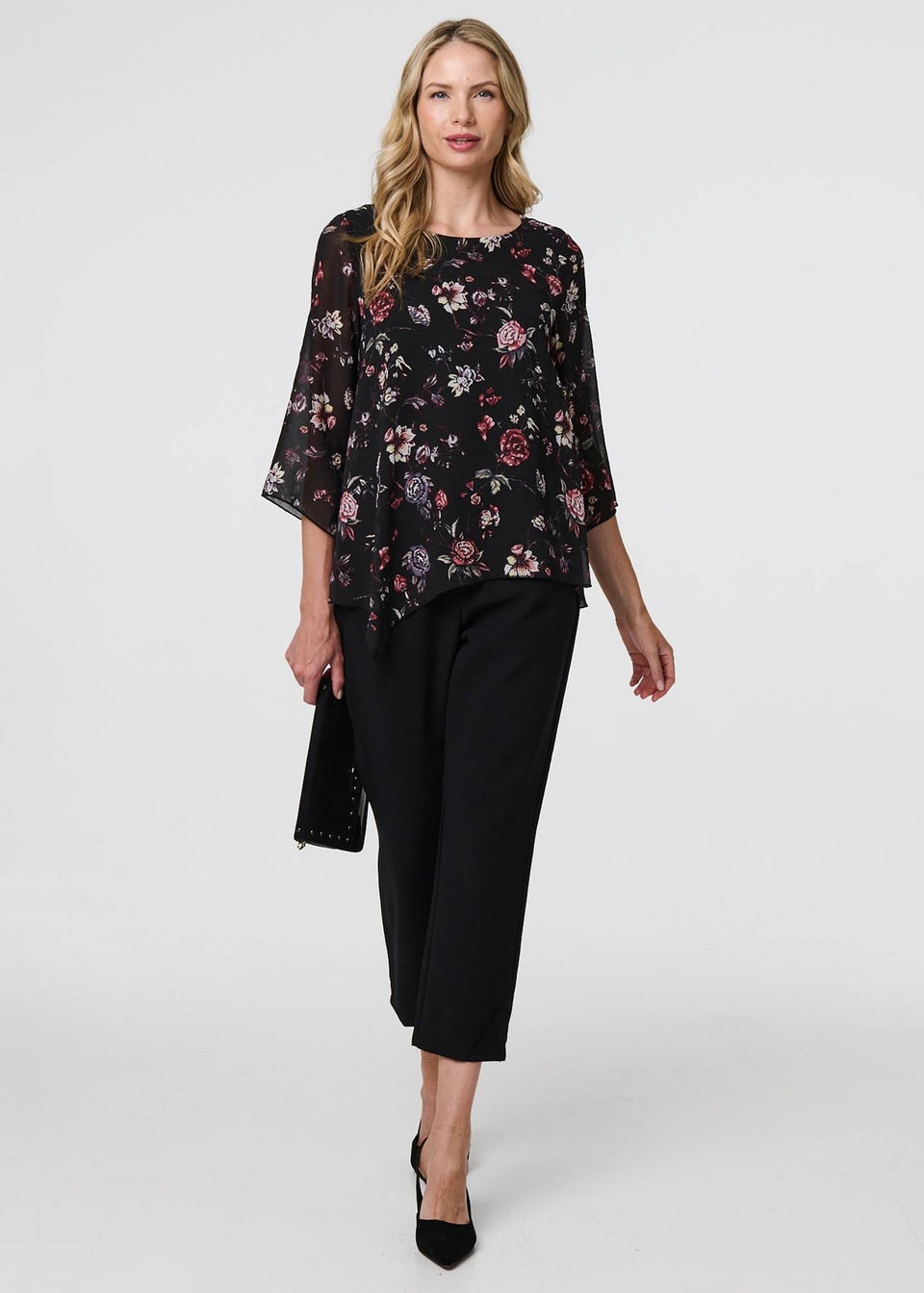 Izabel London Black Floral Semi Sheer Hanky Hem Blouse