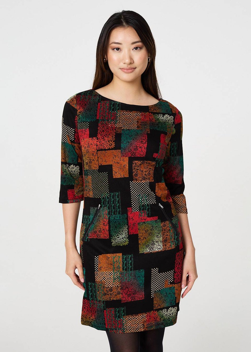 Izabel London Black Square Print Boat Neck Short Shift Dress