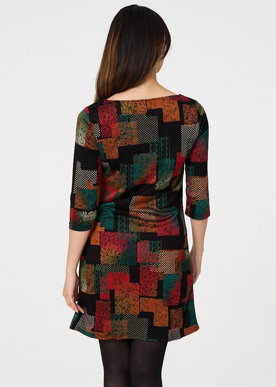 Izabel London Black Square Print Boat Neck Short Shift Dress