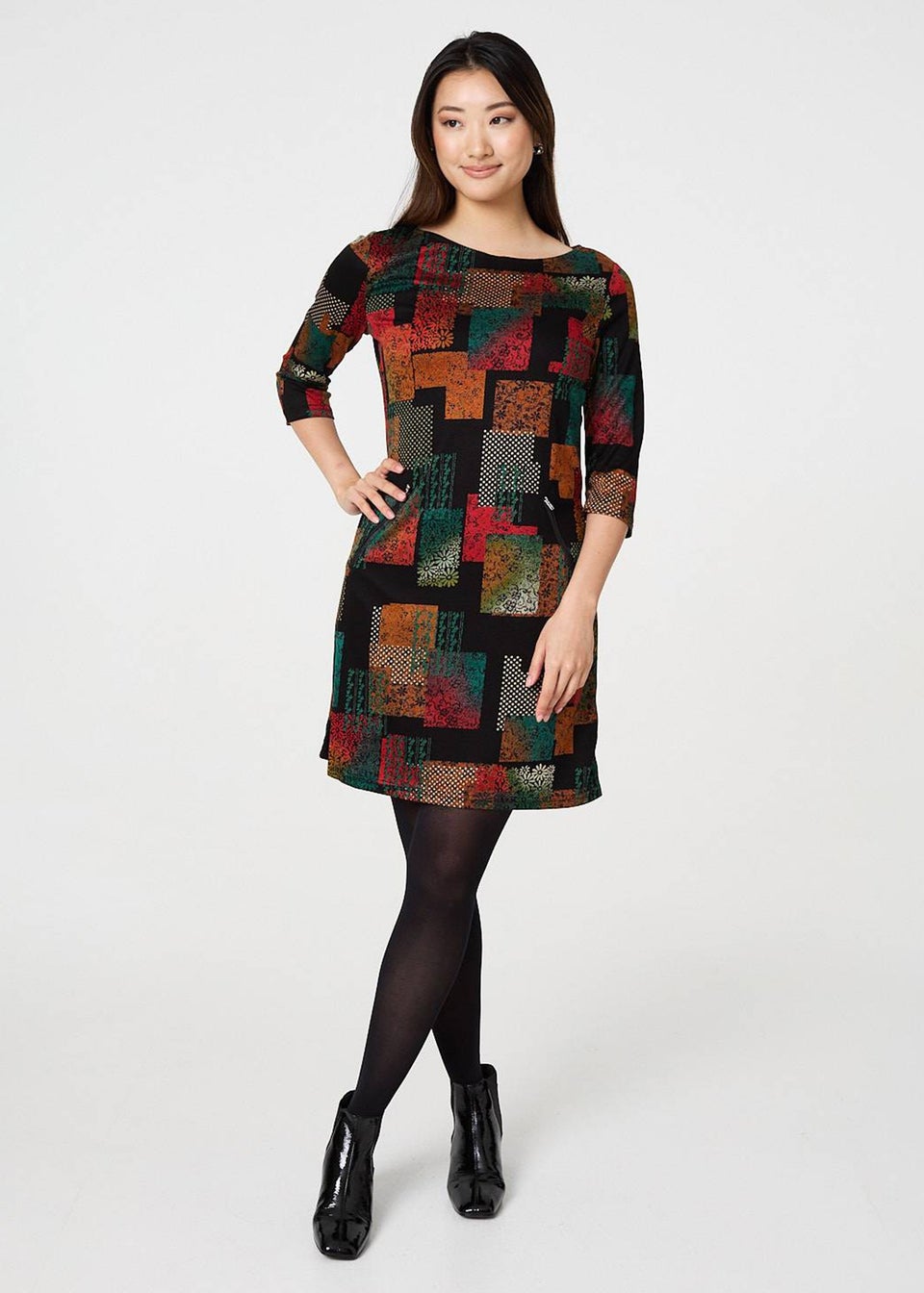 Izabel London Black Square Print Boat Neck Short Shift Dress