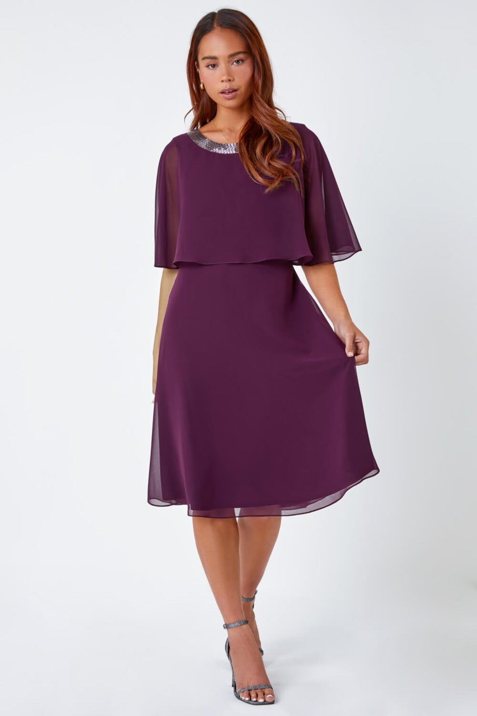 Roman Plum Petite Sparkle Chiffon Cape Dress