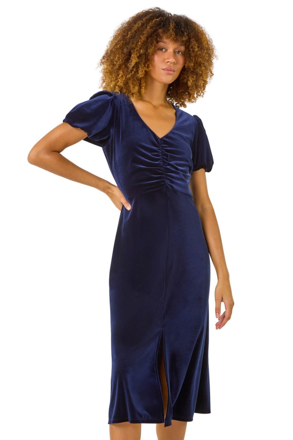 Roman Navy Velvet Ruched Bodycon Midi Dress