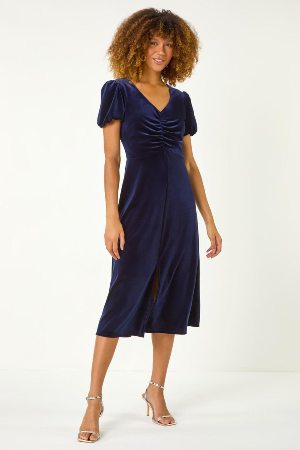 Roman Navy Velvet Ruched Bodycon Midi Dress